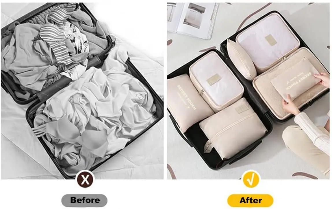 7 Set Packing Cubes, Packing Organizers Travel Foldable Luggage Organizers Storage Bag Accessories for Suitcase with Laundry Bag & Shoe Bag, Beige