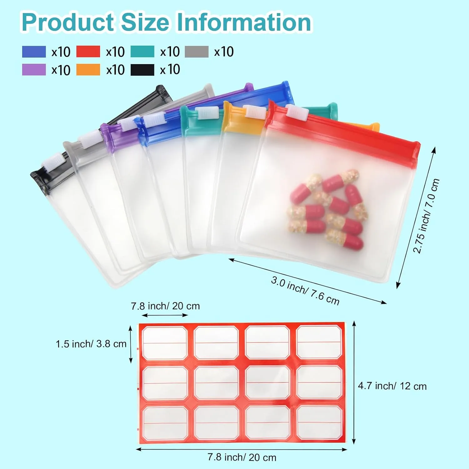 70 2 Pcs Pill Pouch Bags Zippered Pill Pouch Set with 2 Sheets Label, 7 Colors Pill Pouches for Medicine Travel Reusable Small Plastic Pill Bags for Travel/Home Daily use