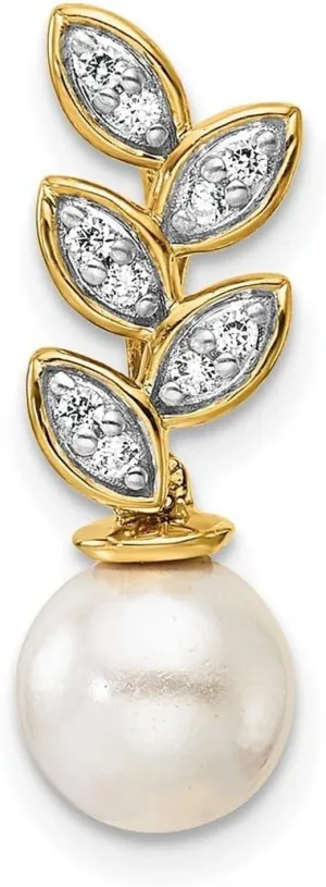 7.2mm 14k Solid Yellow Gold Polished Diamond and Pearl Leaf Chain Slide - Jewelry Gift for Mom