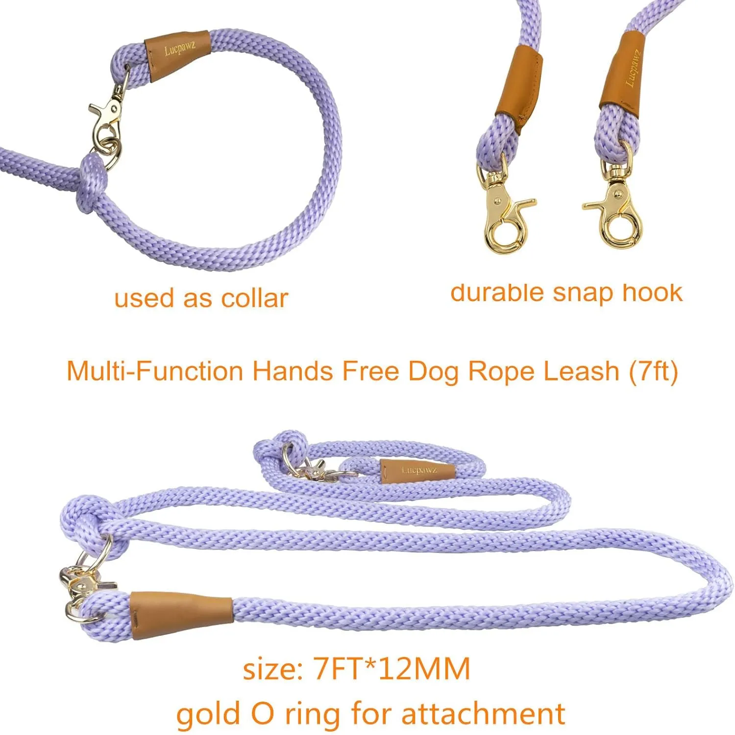 7FT Multifunctional Rope Dog Leash,Hands Free Dog Leash, Crossbody Rope Leash, Adjustable Long Leash for 2 Dogs (7ft*12mm, Lanvender)