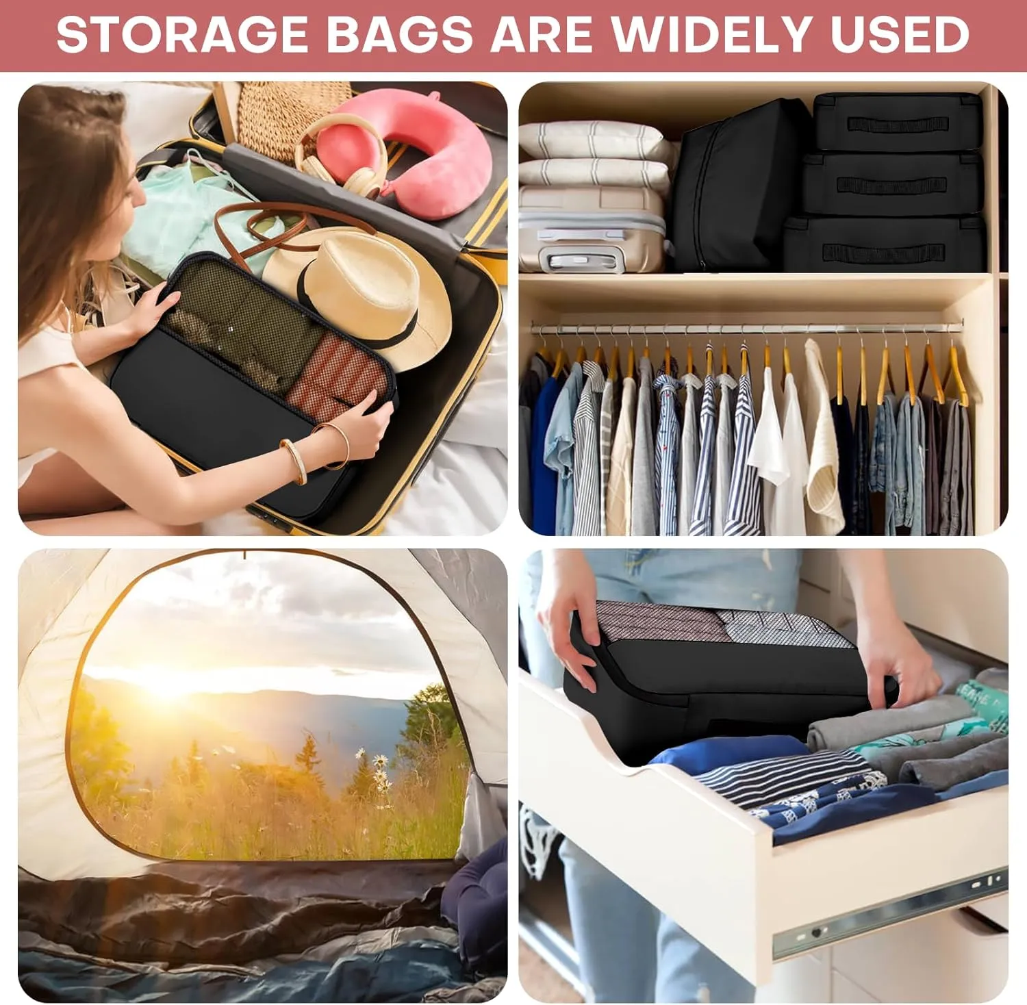 8 PCS Compression Packing Cubes for Travel Women, Compression Organizer for Luggage Space Saving Travel Essentials and Carry on, Luggage Organizer Bags for Suitcase - Black