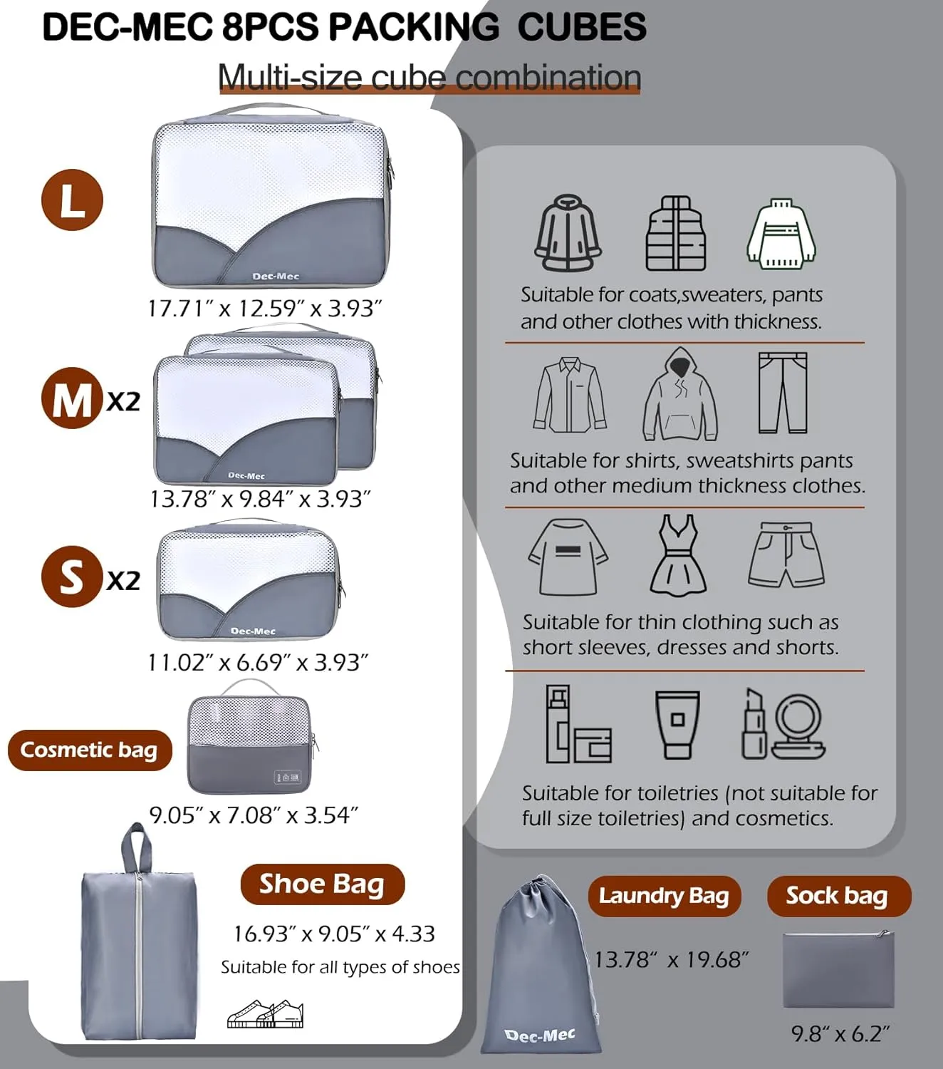 8 Set Packing Cubes for Travel (L,M,S,XS)-Suitcases Organizer Set for Travel Accessories Travel Essentials, Luggage Packing Bags for Carry on Suitcase (8set, Grey)