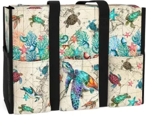 84hoods Multi-Pocket Tote Bag for Women. Bag with Multiple Convenient Pockets and Zipper. Gift for Turtle Lovers.