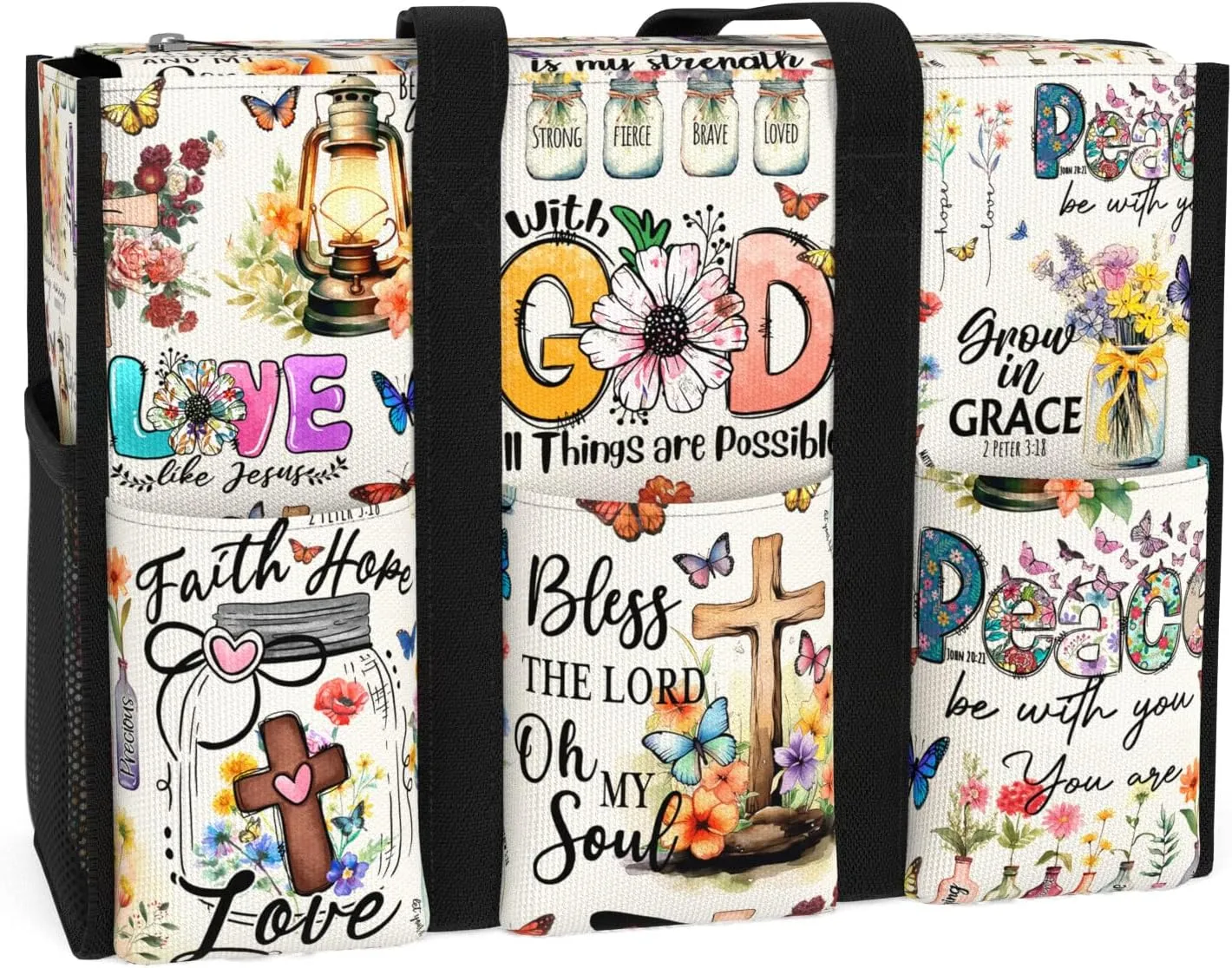 84hoods Multi-Pocket Tote Bag for Women. God Jesus Christian Faith Religious Gift. Waterproof Shoulder Bag with Multiple Convenient Pockets and Zipper. All Things are Possible.