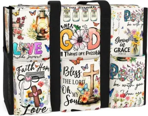 84hoods Multi-Pocket Tote Bag for Women. God Jesus Christian Faith Religious Gift. Waterproof Shoulder Bag with Multiple Convenient Pockets and Zipper. All Things are Possible.