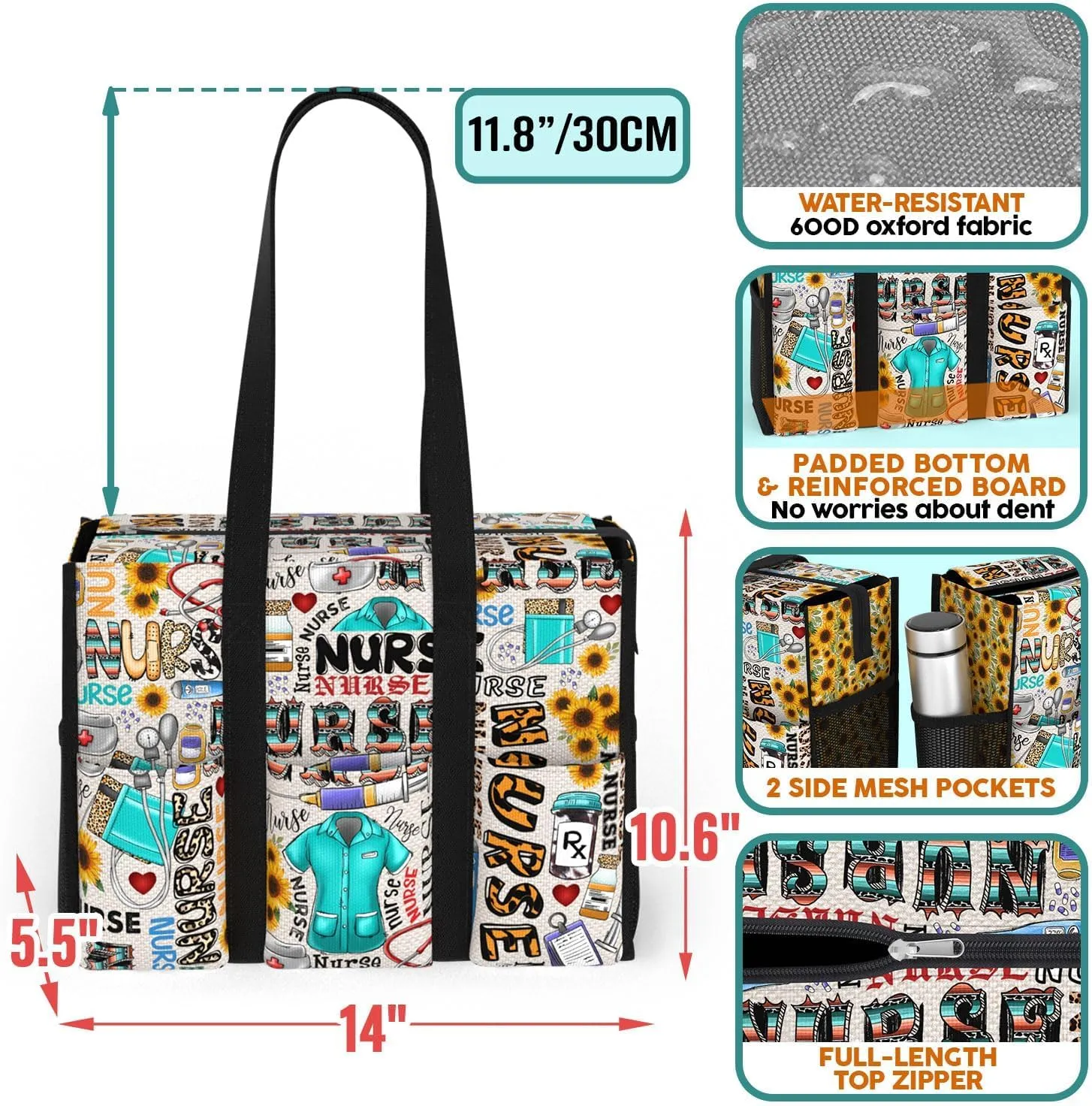 84hoods Multi-Pocket Tote Bag for Women. Waterproof Bag with Multiple Convenient Pockets and Zipper. Gift for Nurses.