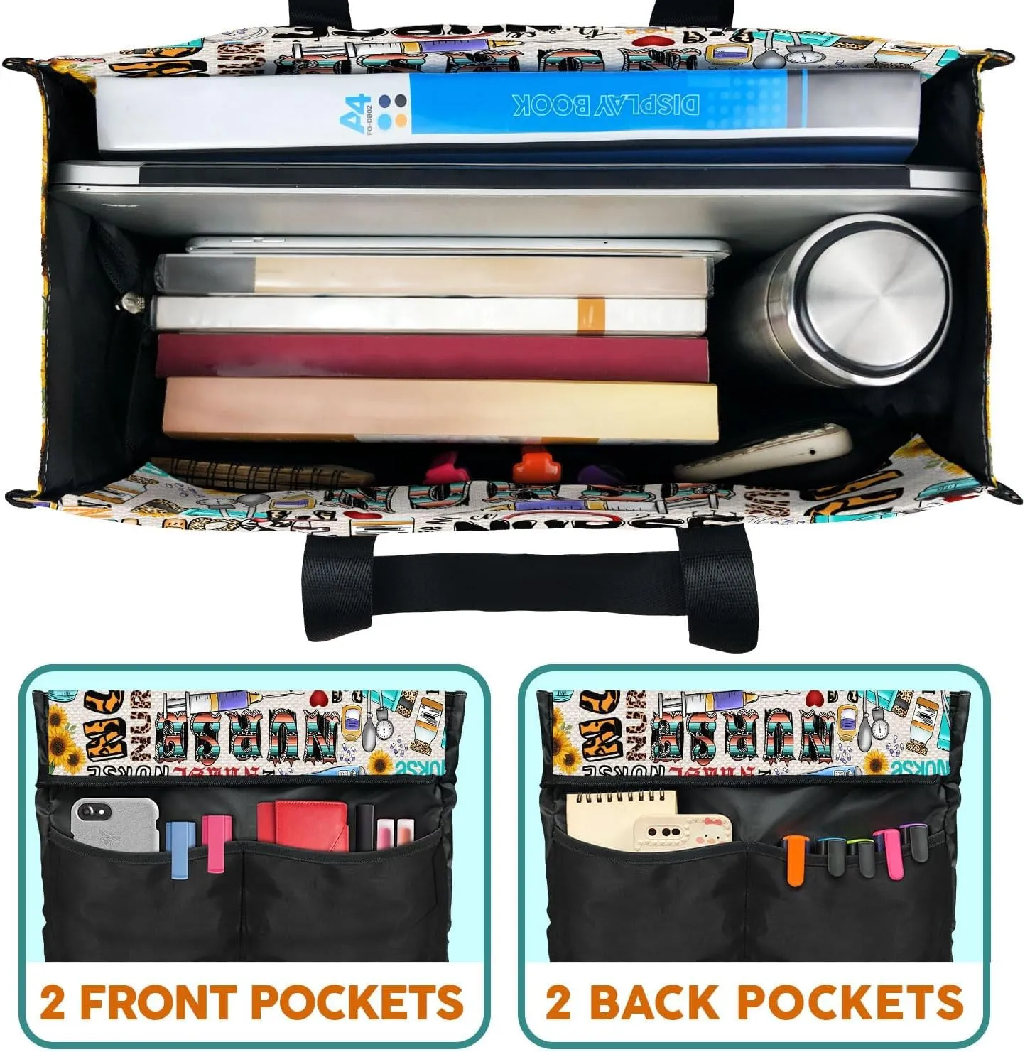 84hoods Multi-Pocket Tote Bag for Women. Waterproof Bag with Multiple Convenient Pockets and Zipper. Gift for Nurses.