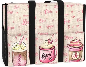84hoods Multi-Pocket Waterproof Tote Bag with Multiple Convenient Pockets and Zipper. Breast Cancer Awareness Gift for Women.