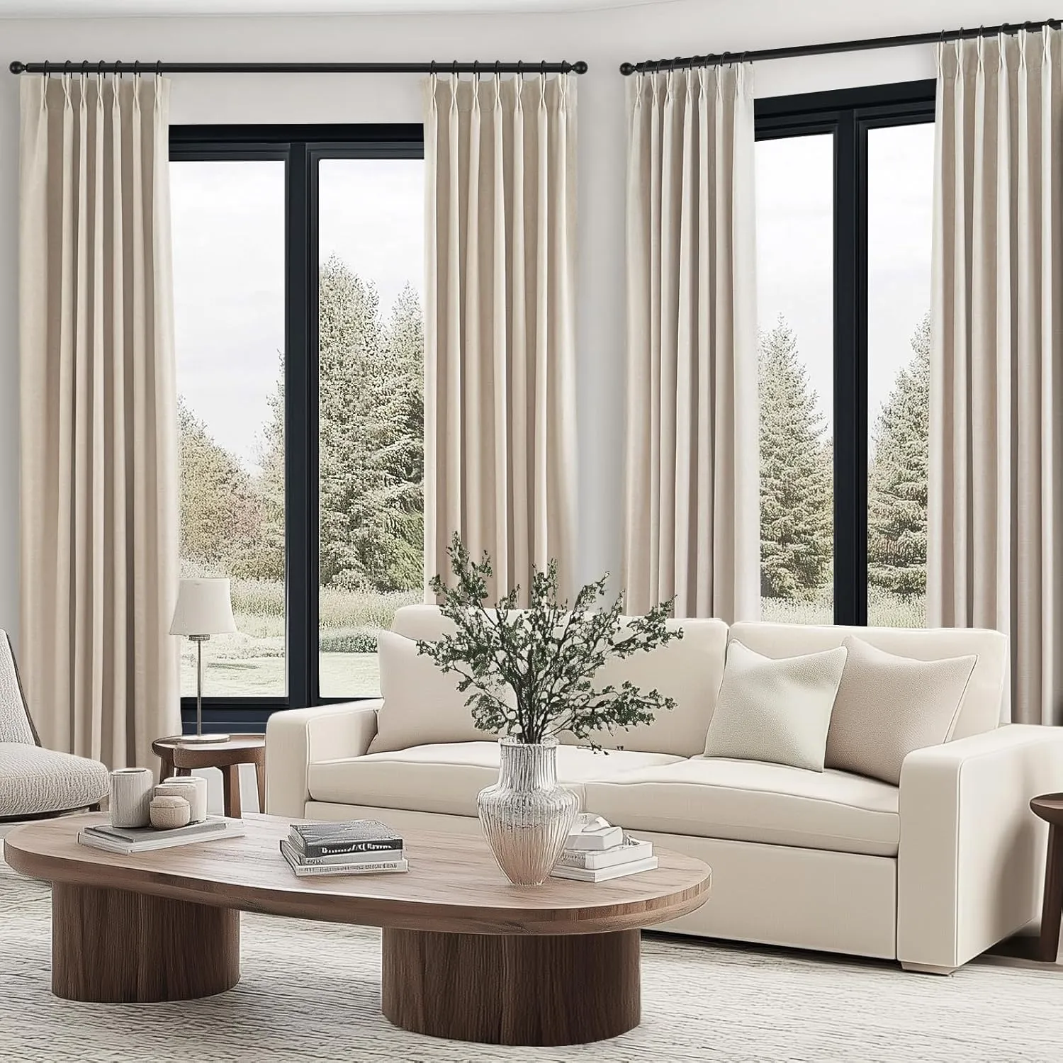 90 Inch Full Blackout Pleated Drapes ,Fall Beige Linen Black Out Thermal Insulated Curtains for Bedroom,Nursery, Country Curtains for Living room with 18 Free Curtain Hooks and 16 Rings,2 panels