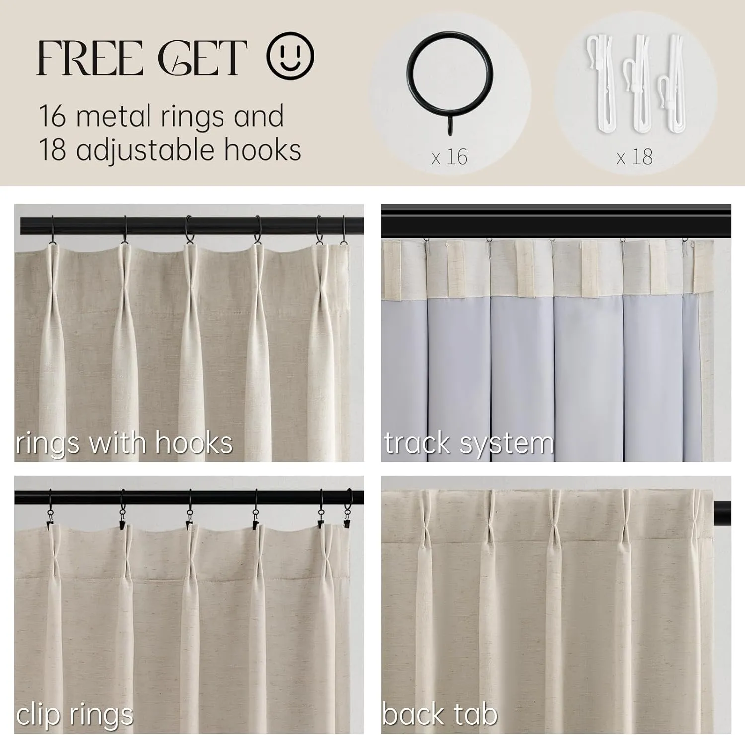 90 Inch Full Blackout Pleated Drapes ,Fall Beige Linen Black Out Thermal Insulated Curtains for Bedroom,Nursery, Country Curtains for Living room with 18 Free Curtain Hooks and 16 Rings,2 panels