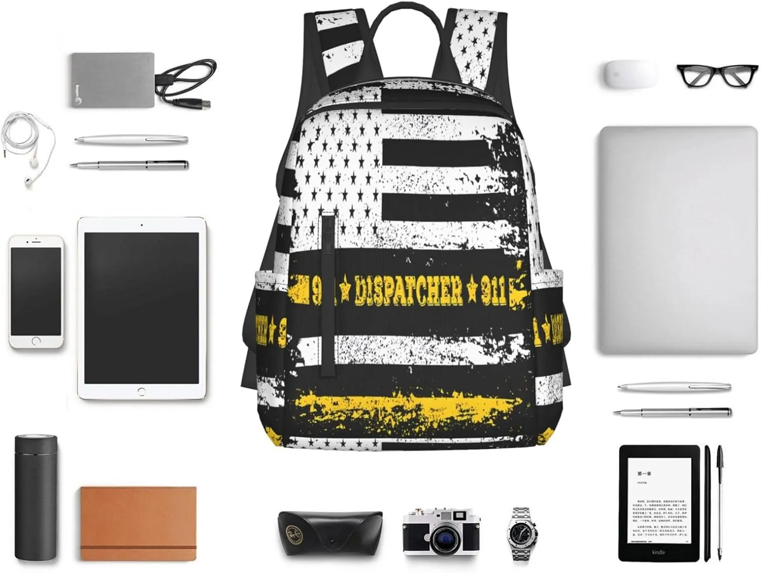 911 Dispatcher Thin Gold Yellow Line American Flag Casual Backpacks Laptop Backpack Outdoor Travel Rucksack Sport Carry-On Daypack Lightweight Bag with Multi-Pockets
