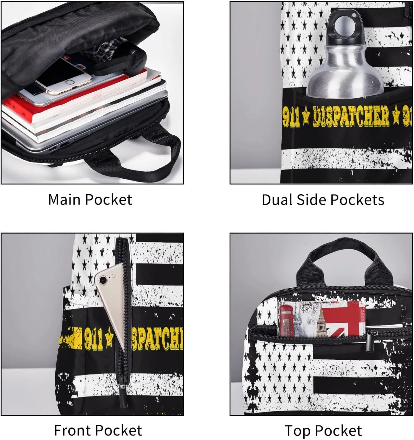 911 Dispatcher Thin Gold Yellow Line American Flag Casual Backpacks Laptop Backpack Outdoor Travel Rucksack Sport Carry-On Daypack Lightweight Bag with Multi-Pockets