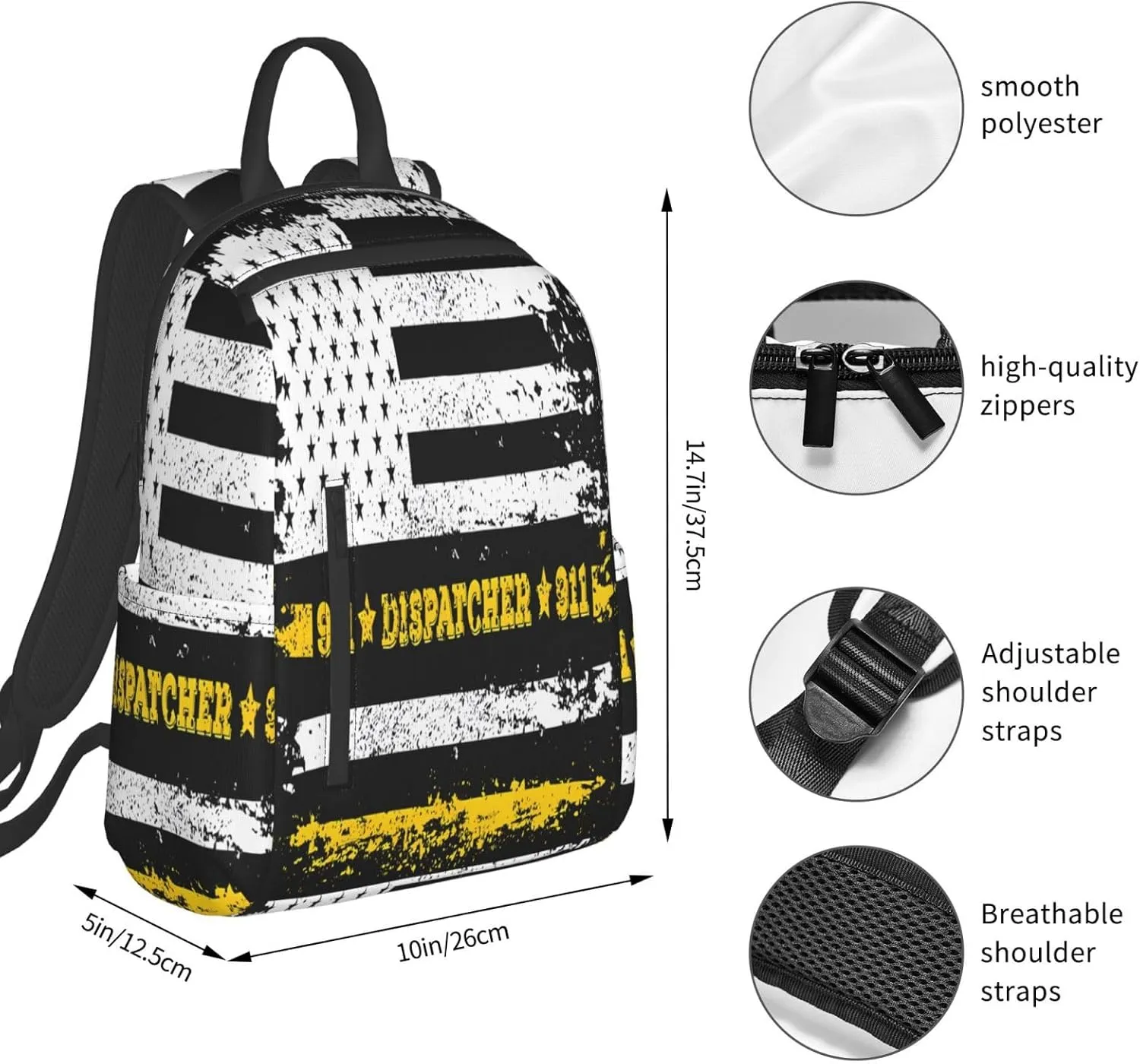 911 Dispatcher Thin Gold Yellow Line American Flag Casual Backpacks Laptop Backpack Outdoor Travel Rucksack Sport Carry-On Daypack Lightweight Bag with Multi-Pockets