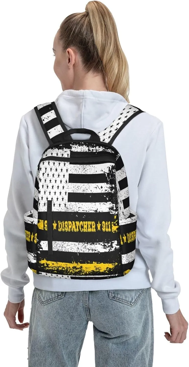 911 Dispatcher Thin Gold Yellow Line American Flag Casual Backpacks Laptop Backpack Outdoor Travel Rucksack Sport Carry-On Daypack Lightweight Bag with Multi-Pockets