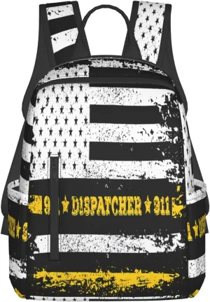 911 Dispatcher Thin Gold Yellow Line American Flag Casual Backpacks Laptop Backpack Outdoor Travel Rucksack Sport Carry-On Daypack Lightweight Bag with Multi-Pockets