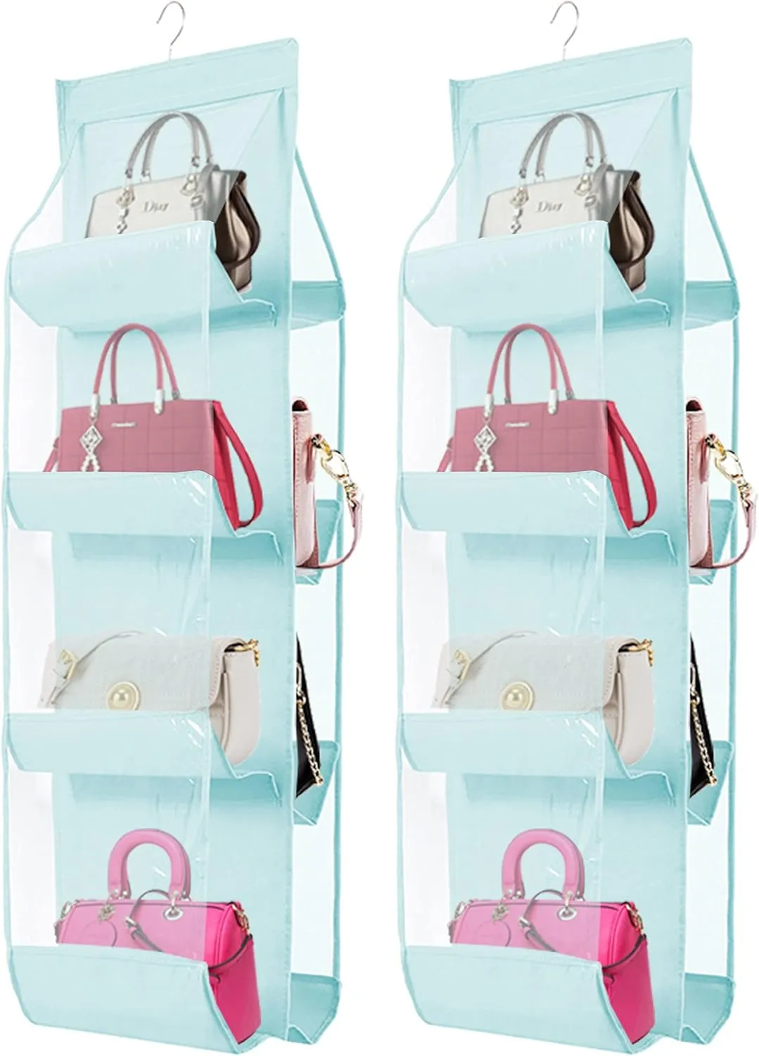 AARAINBOW 2 Packs Hanging Handbag Purse Organizer, 8 Pockets Purse Bag Organizer for Wardrobe, Hanging Bag Organizer for Closet Rack for Purses, Space Saving Handbag Storage, 41L*13.5W (B, 2 Blue)