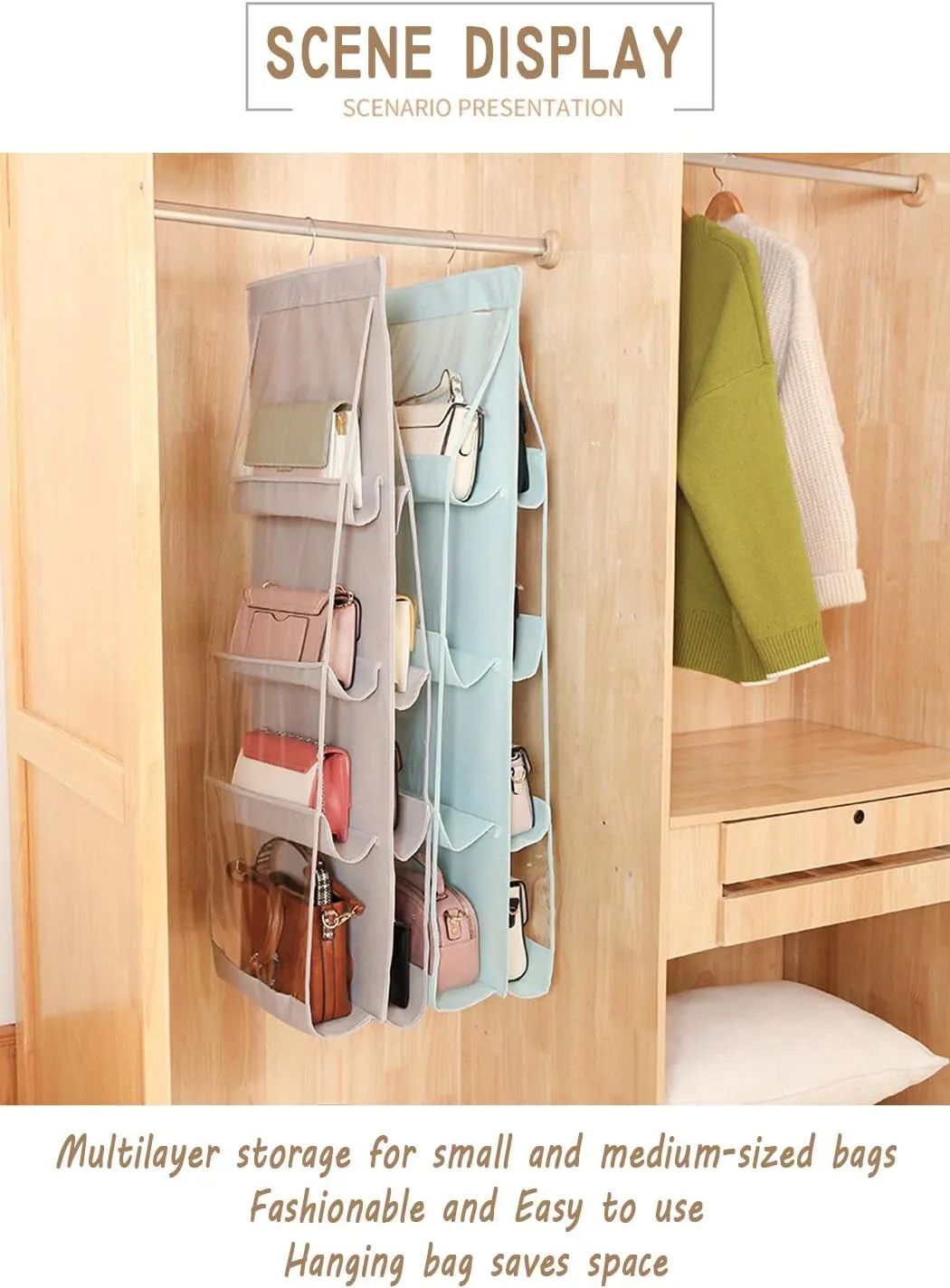 AARAINBOW 2 Packs Hanging Handbag Purse Organizer, 8 Pockets Purse Bag Organizer for Wardrobe, Hanging Bag Organizer for Closet Rack for Purses, Space Saving Handbag Storage, 41L*13.5W (B, 2 Blue)