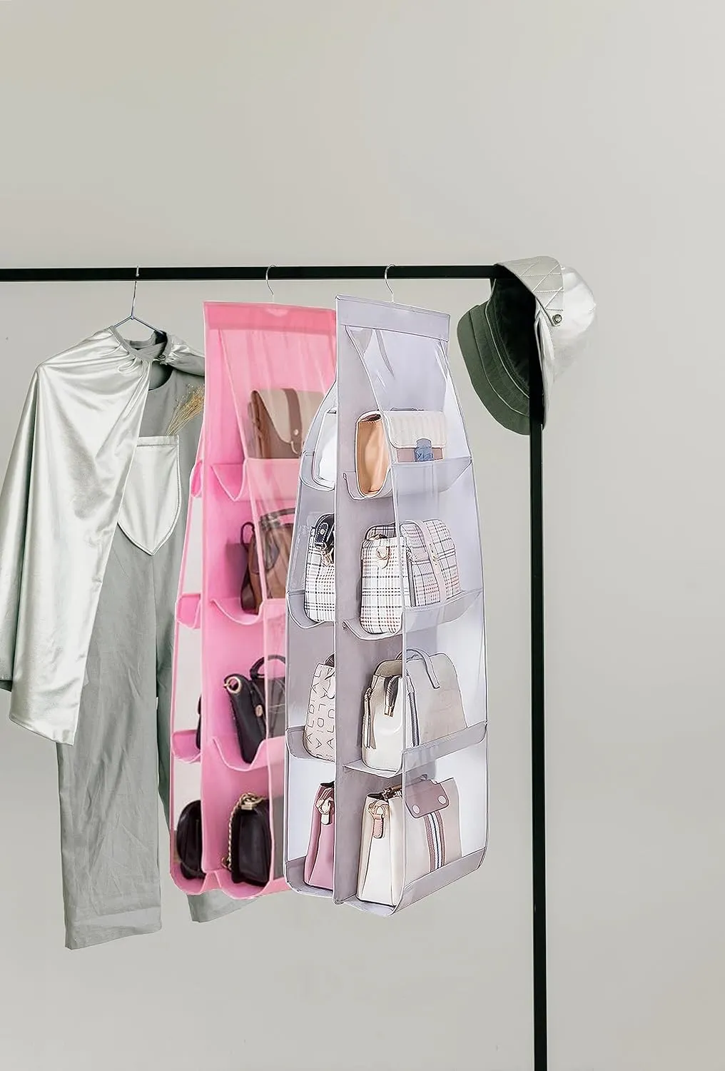 AARAINBOW 2 Packs Hanging Handbag Purse Organizer, Hanging Hand Bag Organizer Wardrobe Closet Purse Holder, 8 Pockets, 43.3L x 14.1W (B Gray Light Pink)