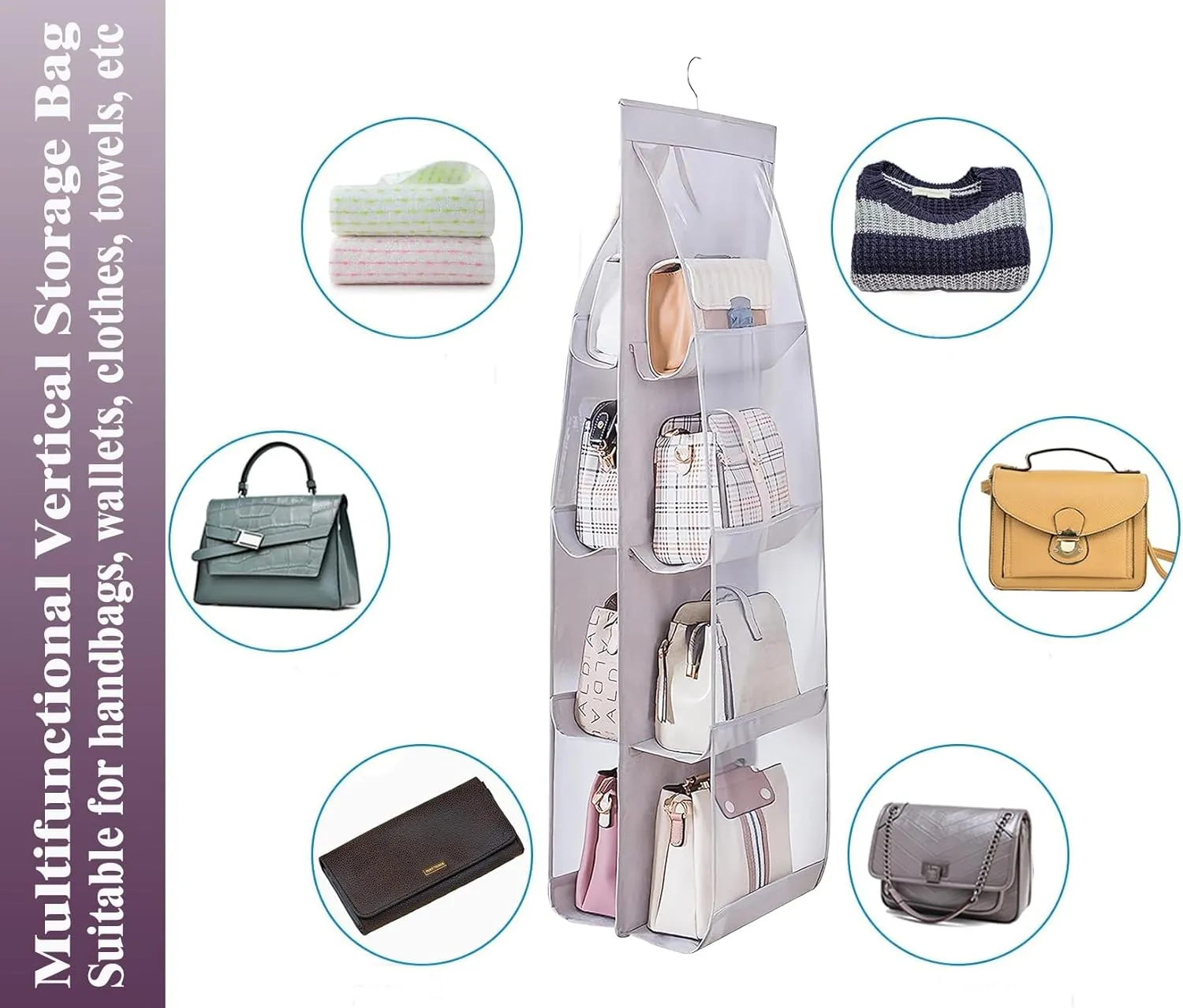 AARAINBOW 2 Packs Hanging Handbag Purse Organizer, Hanging Hand Bag Organizer Wardrobe Closet Purse Holder, 8 Pockets, 43.3L x 14.1W (B Gray Light Pink)