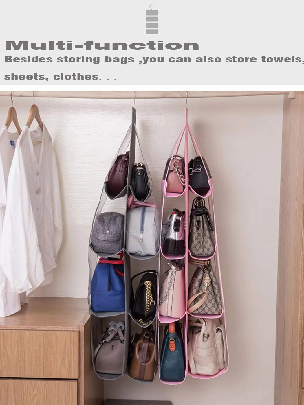 AARAINBOW 2 Packs Hanging Handbag Purse Organizer, Purse Bag Organizer Storage, 8 Pockets Hanging Bag Organizer for Closet Rack, Wardrobe Closet Space Saving Purses Holder, 41L*13.5W (B, 2 Black)