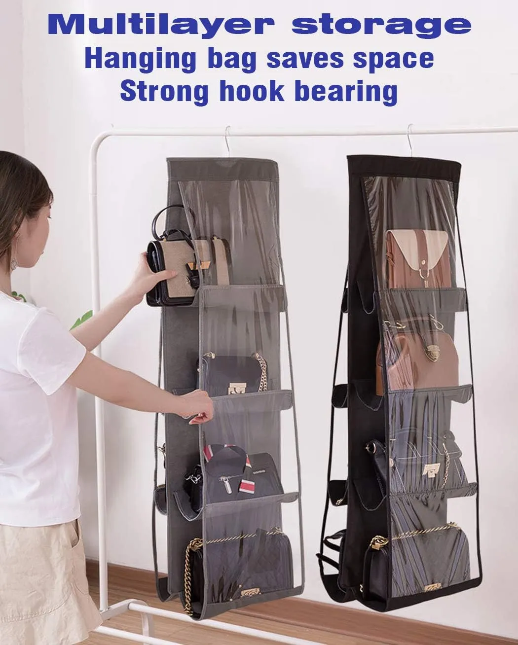 AARAINBOW 2 Packs Hanging Handbag Purse Organizer, Purse Bag Organizer Storage, 8 Pockets Hanging Bag Organizer for Closet Rack, Wardrobe Closet Space Saving Purses Holder, 41L*13.5W (B, 2 Black)