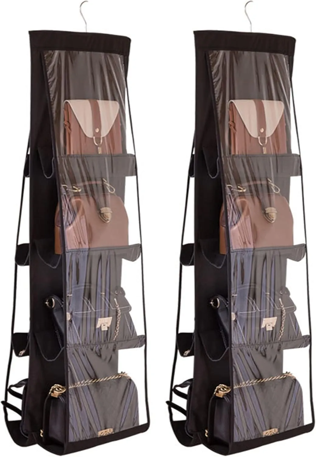 AARAINBOW 2 Packs Hanging Handbag Purse Organizer, Purse Bag Organizer Storage, 8 Pockets Hanging Bag Organizer for Closet Rack, Wardrobe Closet Space Saving Purses Holder, 41L*13.5W (B, 2 Black)