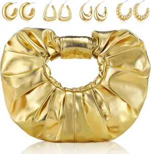 Abbylike Gold Clutch Purses for Women with 4 Pairs Gold Hoop Earrings for Women PU Leather Pleated Handbag for Party Prom Wedding
