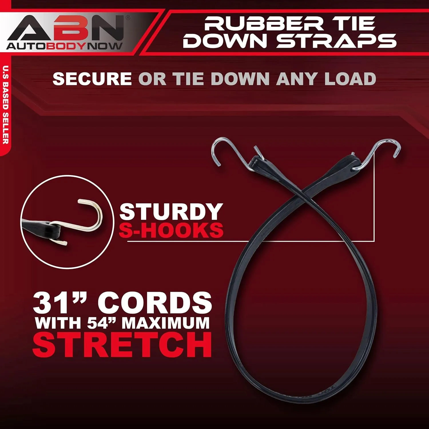 ABN EPDM Rubber Bungee Cords - 31in Black Rubber Tie Down Straps with Hooks (54in Max Stretch), 10 Pack