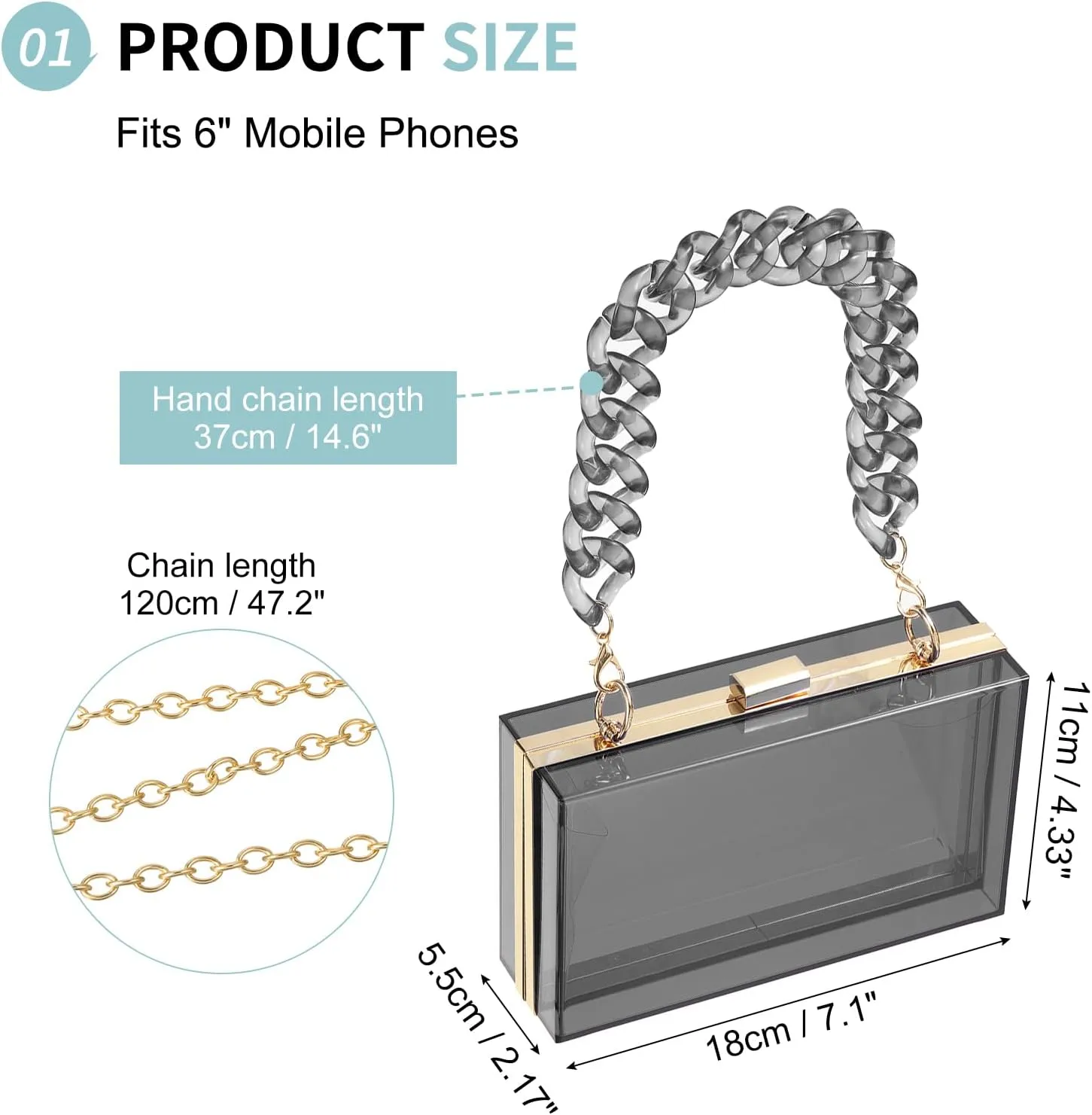 Acrylic Clear Evening Clutch Bag for Women, Shoulder Handbags Neon Hard Frame with Chains Party Purse for Wedding Prom Party (Black, Gold)