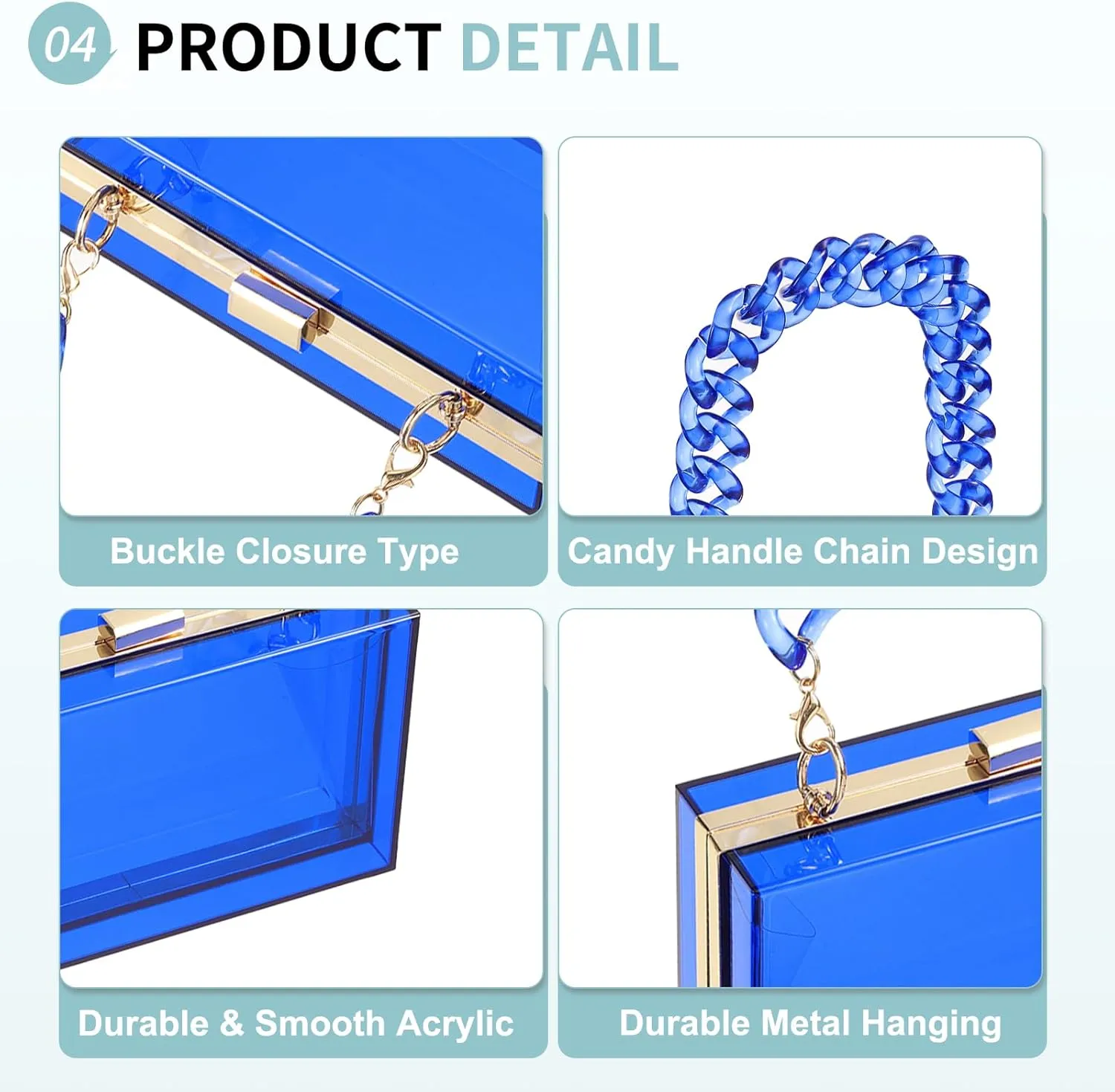 Acrylic Clear Evening Clutch Bag for Women, Shoulder Handbags Neon Hard Frame with Chains Party Purse for Wedding Prom Party (Blue, Gold)