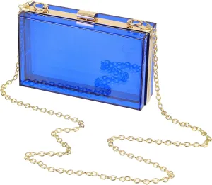 Acrylic Clear Evening Clutch Bag for Women, Shoulder Handbags Neon Hard Frame with Chains Party Purse for Wedding Prom Party (Blue, Gold)