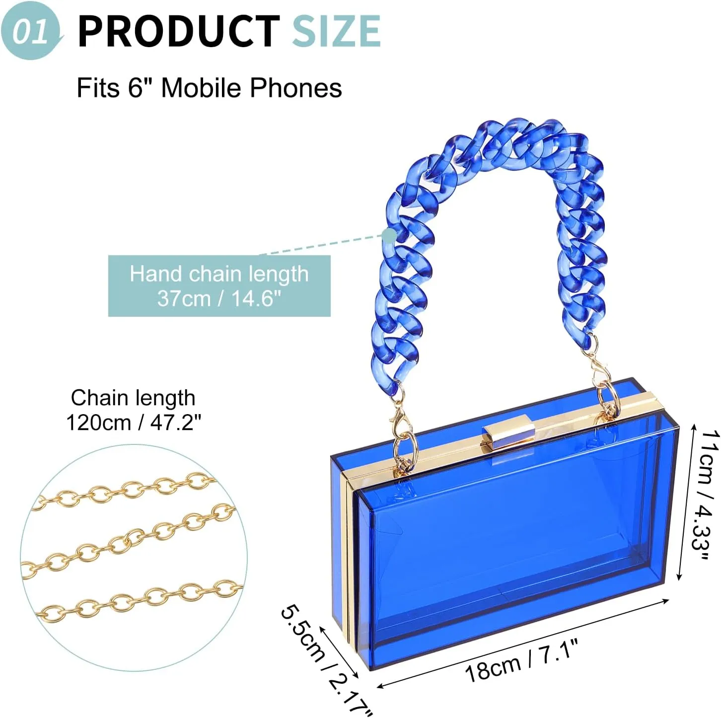 Acrylic Clear Evening Clutch Bag for Women, Shoulder Handbags Neon Hard Frame with Chains Party Purse for Wedding Prom Party (Blue, Gold)