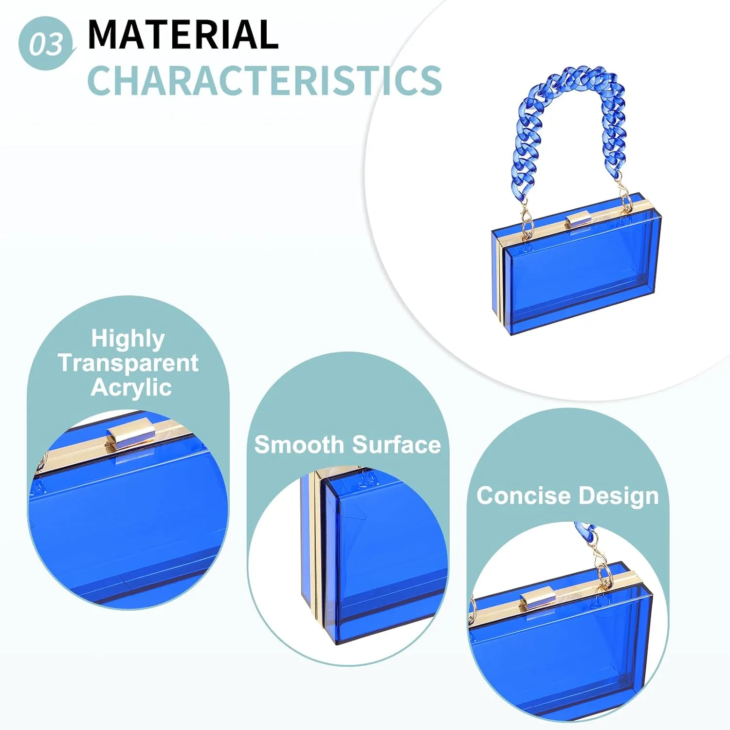 Acrylic Clear Evening Clutch Bag for Women, Shoulder Handbags Neon Hard Frame with Chains Party Purse for Wedding Prom Party (Blue, Gold)