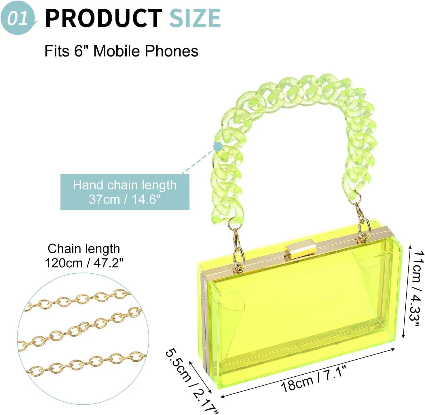 Acrylic Clear Evening Clutch Bag for Women, Shoulder Handbags Neon Hard Frame with Chains Party Purse for Wedding Prom Party (Green, Gold)