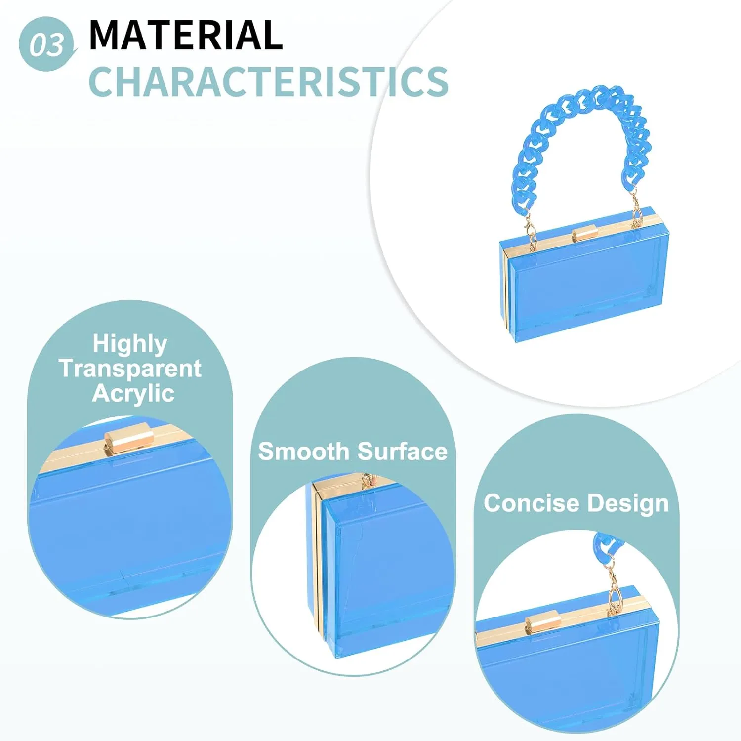 Acrylic Clear Evening Clutch Bag for Women, Shoulder Handbags Neon Hard Frame with Chains Party Purse for Wedding Prom Party (Light Blue, Gold)
