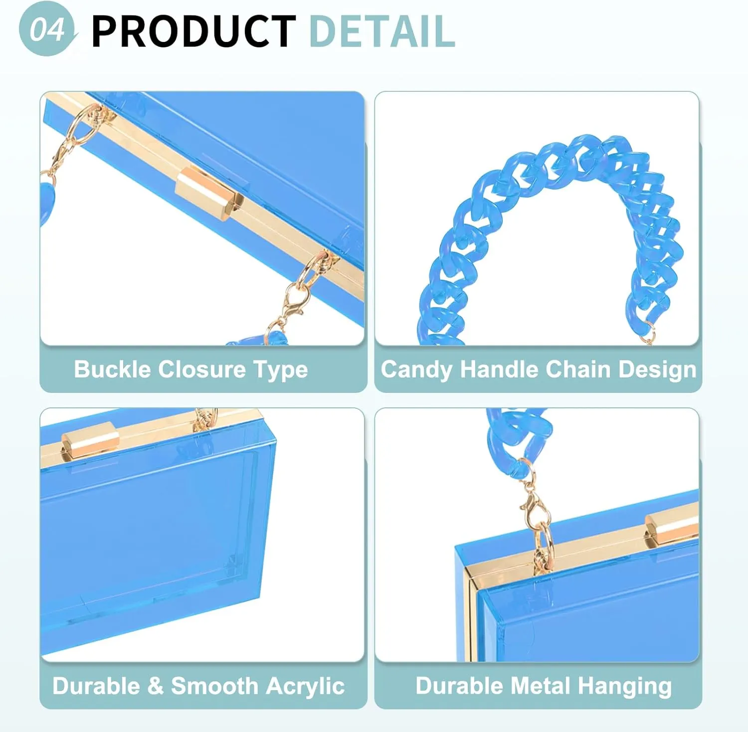 Acrylic Clear Evening Clutch Bag for Women, Shoulder Handbags Neon Hard Frame with Chains Party Purse for Wedding Prom Party (Light Blue, Gold)