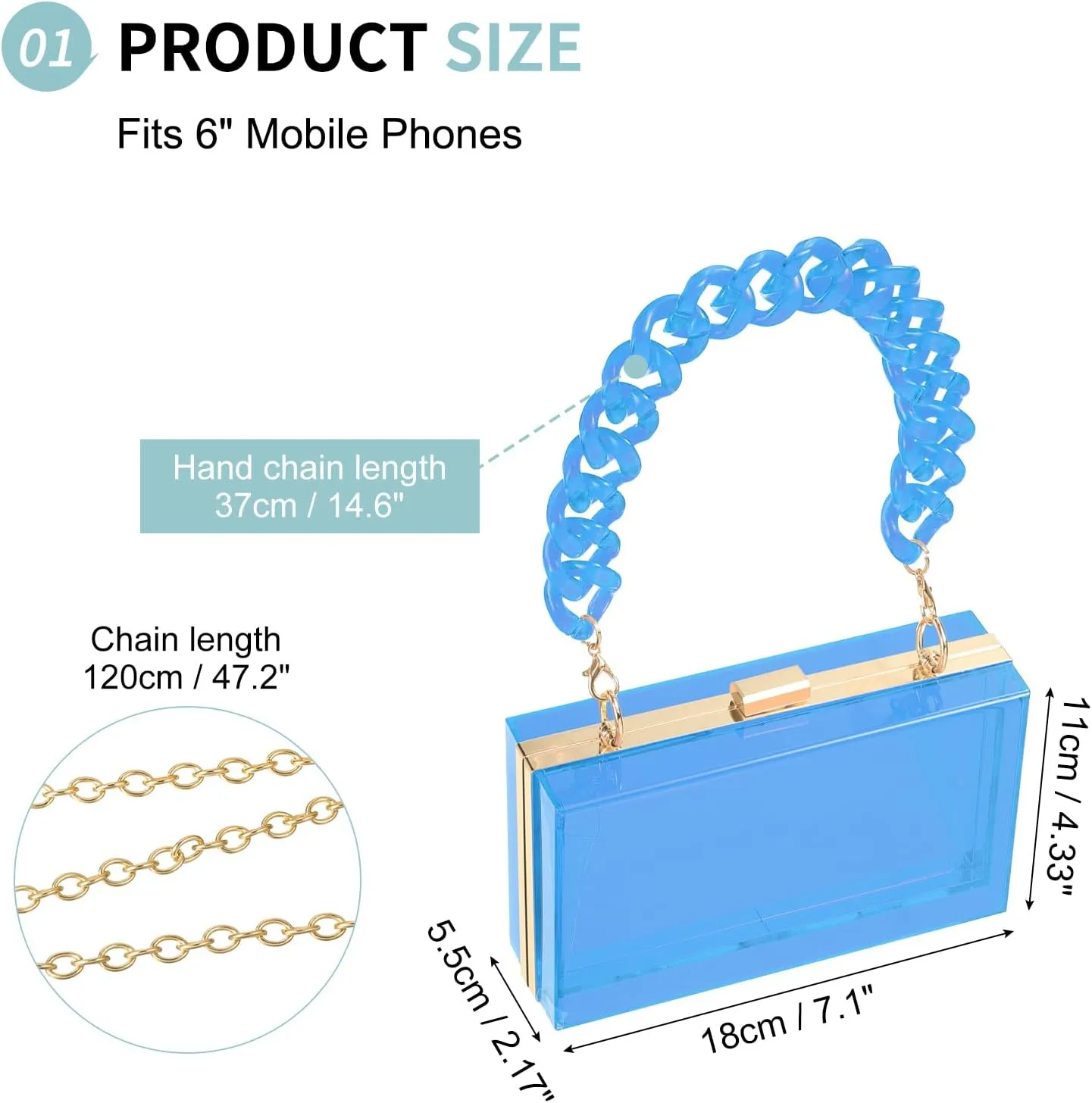 Acrylic Clear Evening Clutch Bag for Women, Shoulder Handbags Neon Hard Frame with Chains Party Purse for Wedding Prom Party (Light Blue, Gold)