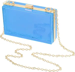 Acrylic Clear Evening Clutch Bag for Women, Shoulder Handbags Neon Hard Frame with Chains Party Purse for Wedding Prom Party (Light Blue, Gold)