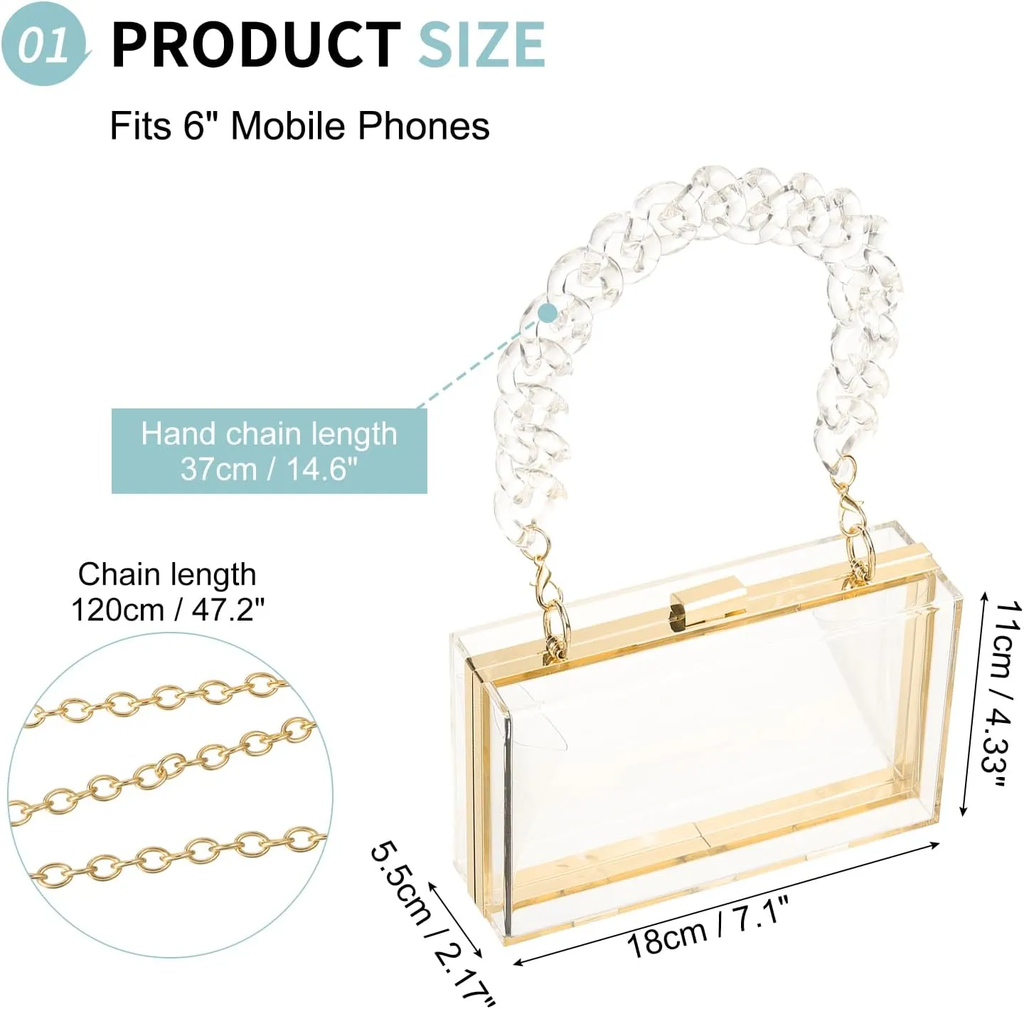Acrylic Clear Evening Clutch Bag for Women, Shoulder Handbags Neon Hard Frame with Chains Party Purse for Wedding Prom Party (Transparent, Gold)