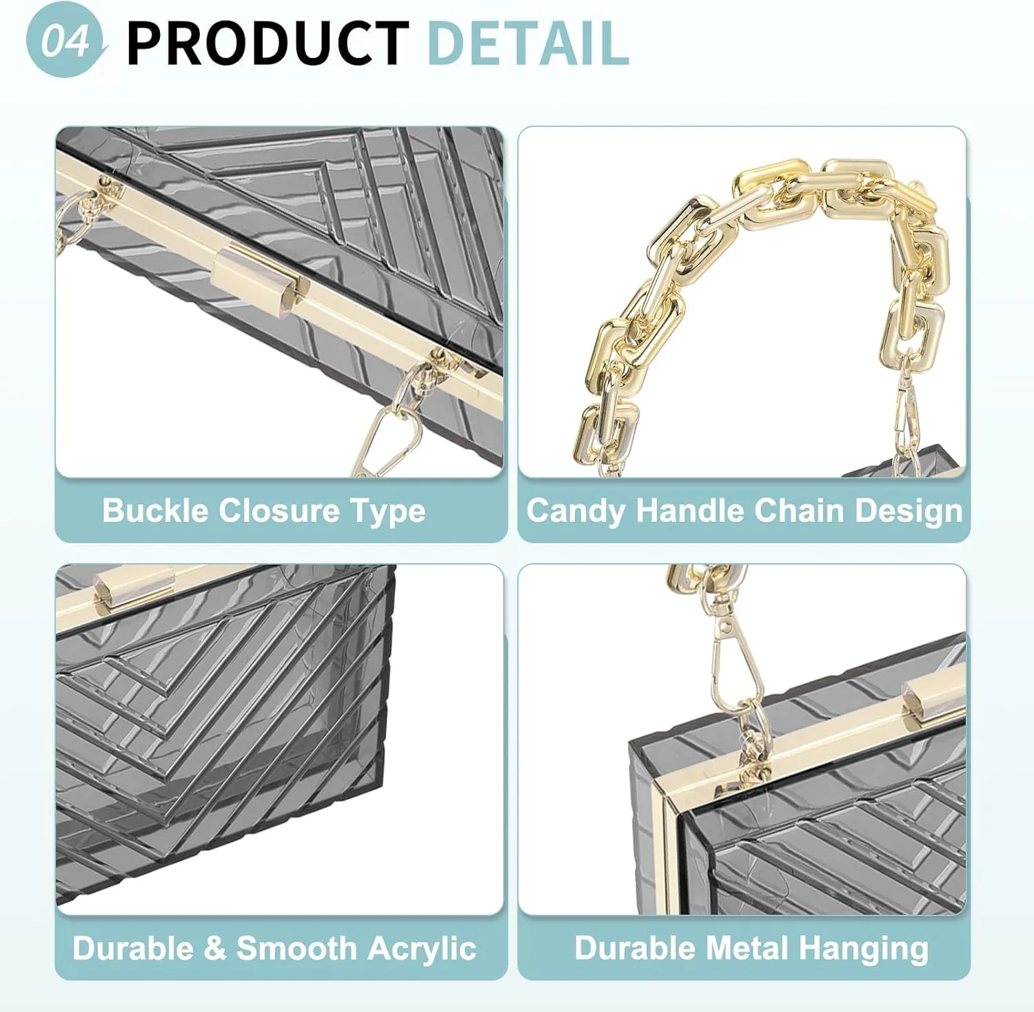 Acrylic Clear Evening Clutch Bag for Women, V-Design Handbags Neon Hard Frame with Chains Party Purse for Wedding Prom Party (Black, Gold)