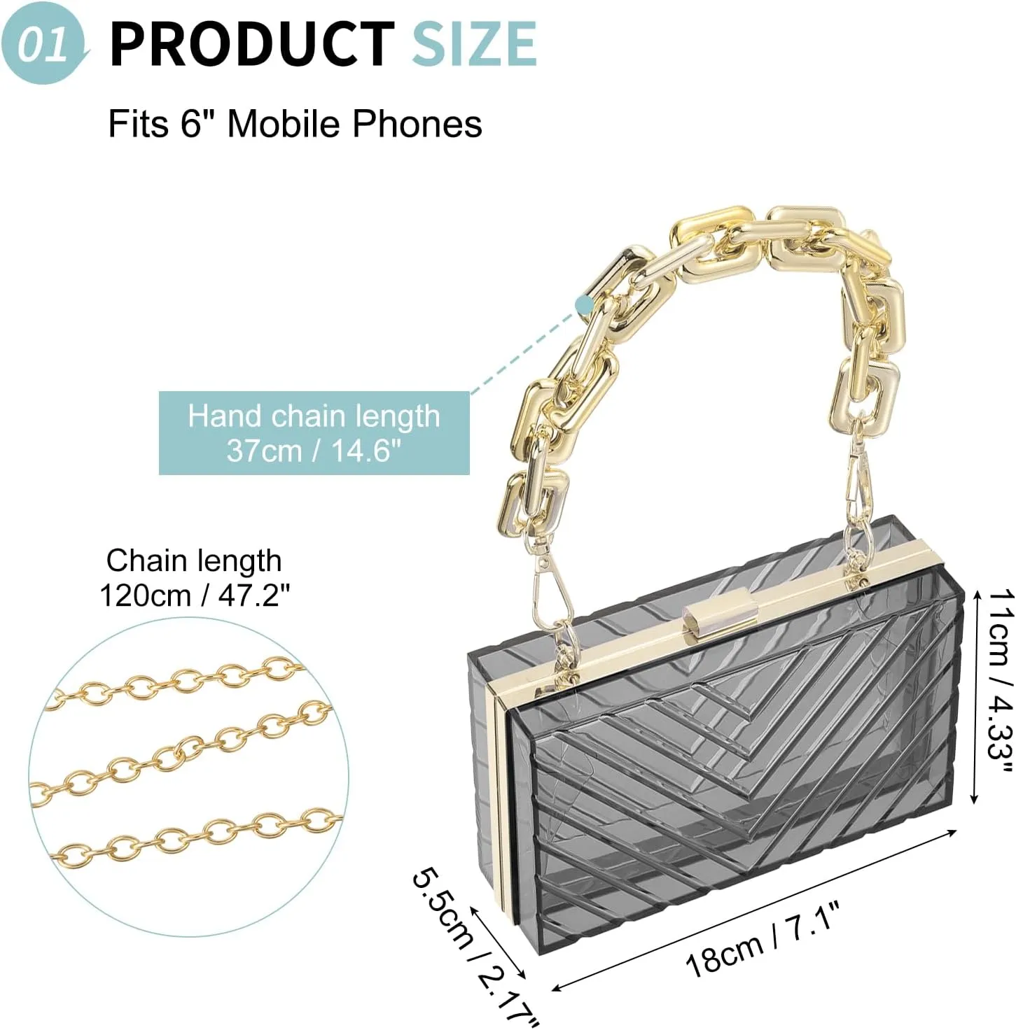 Acrylic Clear Evening Clutch Bag for Women, V-Design Handbags Neon Hard Frame with Chains Party Purse for Wedding Prom Party (Black, Gold)