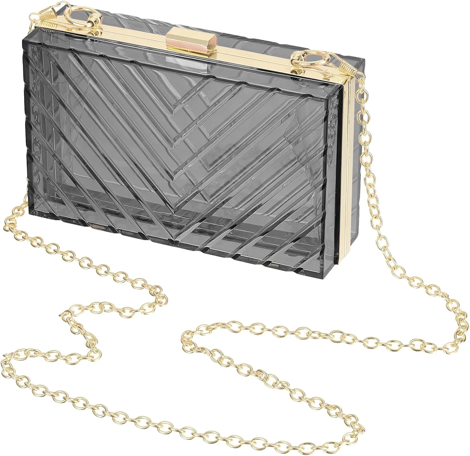Acrylic Clear Evening Clutch Bag for Women, V-Design Handbags Neon Hard Frame with Chains Party Purse for Wedding Prom Party (Black, Gold)