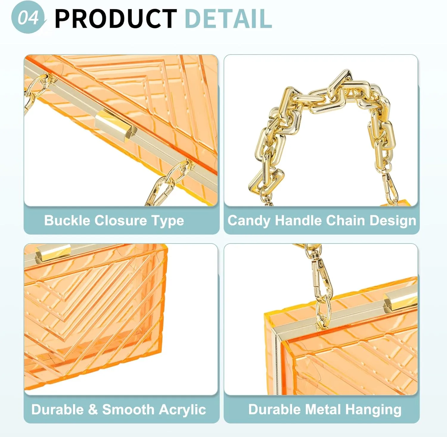 Acrylic Clear Evening Clutch Bag for Women, V-Design Handbags Neon Hard Frame with Chains Party Purse for Wedding Prom Party (Orange, Gold)