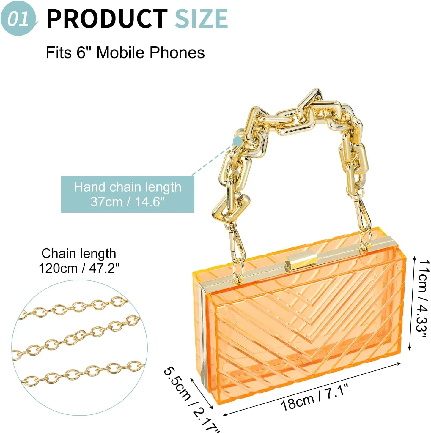 Acrylic Clear Evening Clutch Bag for Women, V-Design Handbags Neon Hard Frame with Chains Party Purse for Wedding Prom Party (Orange, Gold)