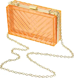 Acrylic Clear Evening Clutch Bag for Women, V-Design Handbags Neon Hard Frame with Chains Party Purse for Wedding Prom Party (Orange, Gold)