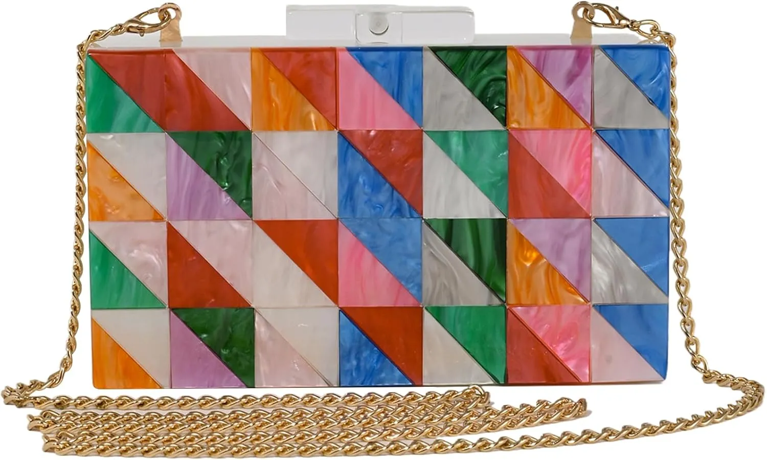 Acrylic Clutch Purse With Geometric Triangular Pattern, Wedding Guest Dresses For Women Multicolor Patchwork Designer Handbags Evening Box Clutch