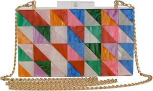 Acrylic Clutch Purse With Geometric Triangular Pattern, Wedding Guest Dresses For Women Multicolor Patchwork Designer Handbags Evening Box Clutch