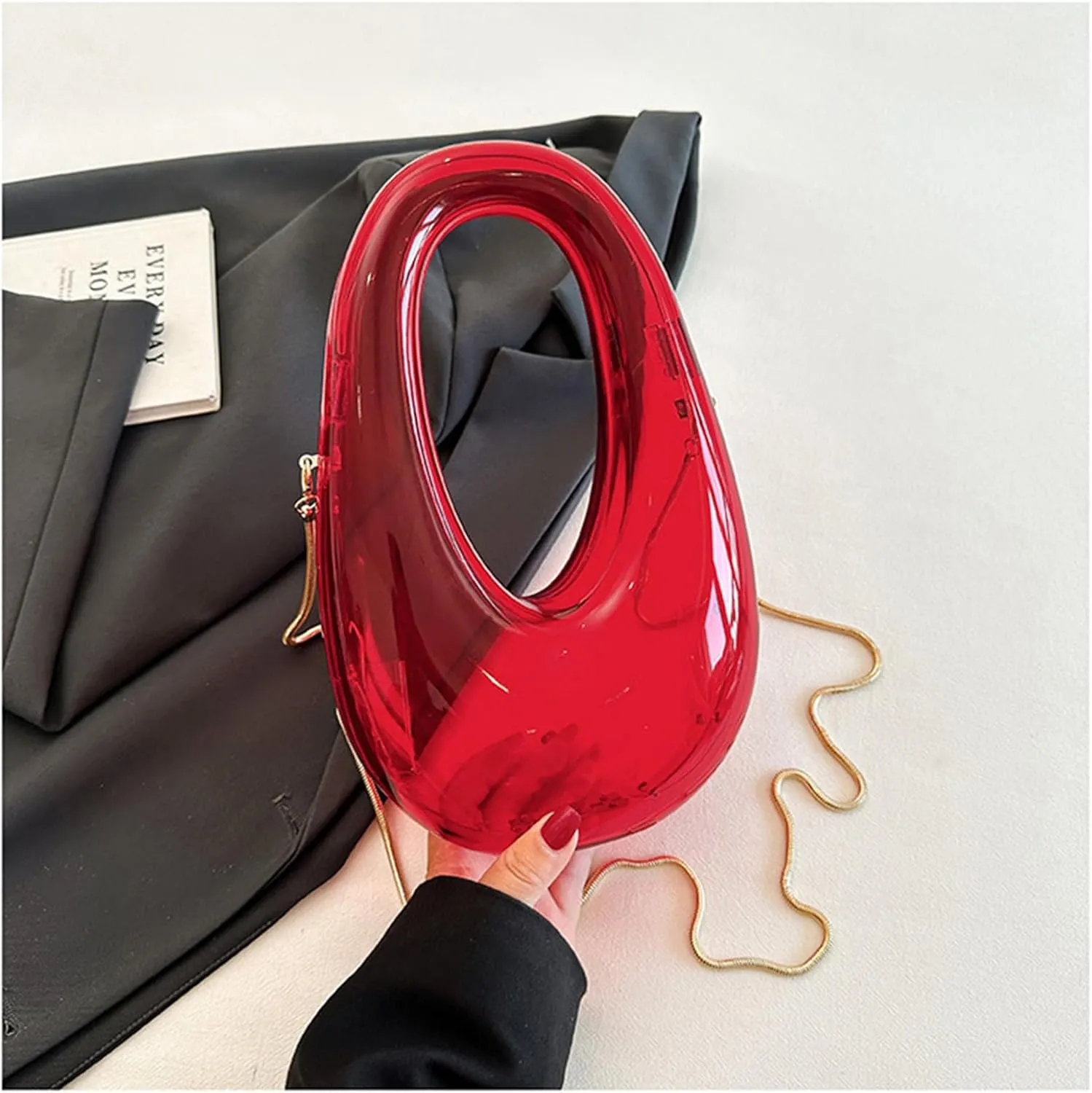 Acrylic Moon Shape Evening Clutch Purse For Women Metal Chains Unique Shoulder Bag Handbag For Wedding Party Prom (Red,Female,Adult)