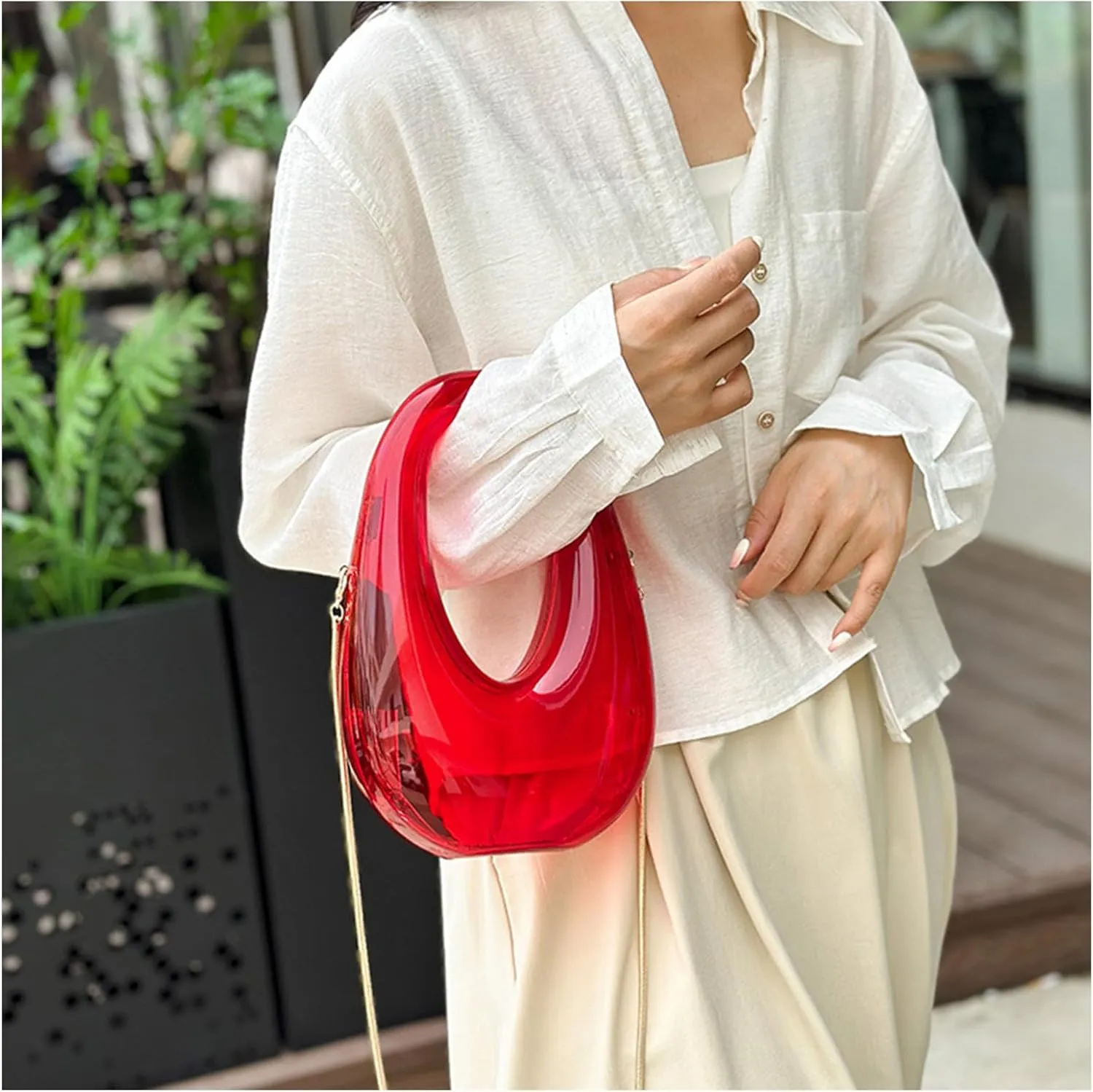 Acrylic Moon Shape Evening Clutch Purse For Women Metal Chains Unique Shoulder Bag Handbag For Wedding Party Prom (Red,Female,Adult)