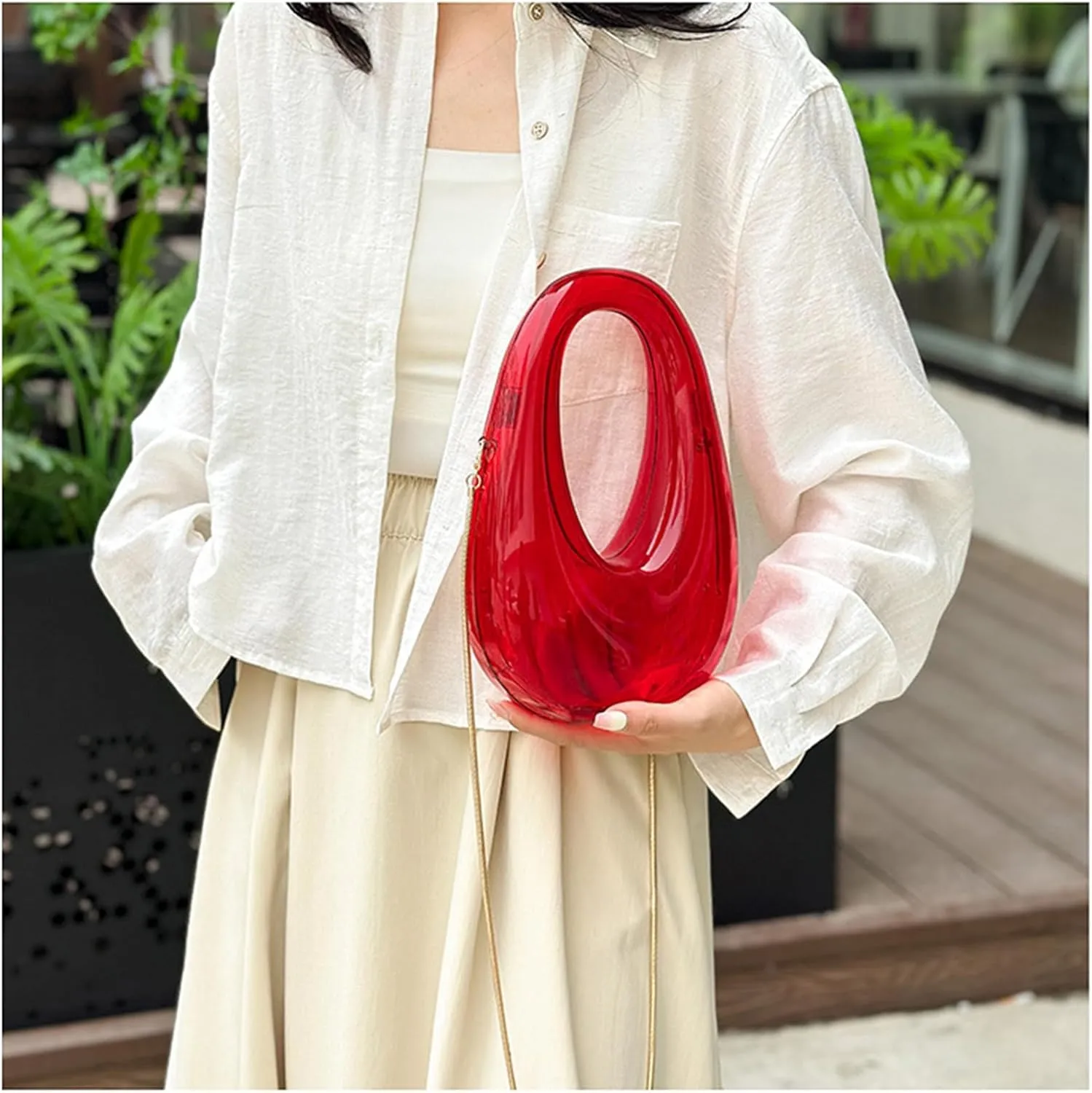 Acrylic Moon Shape Evening Clutch Purse For Women Metal Chains Unique Shoulder Bag Handbag For Wedding Party Prom (Red,Female,Adult)